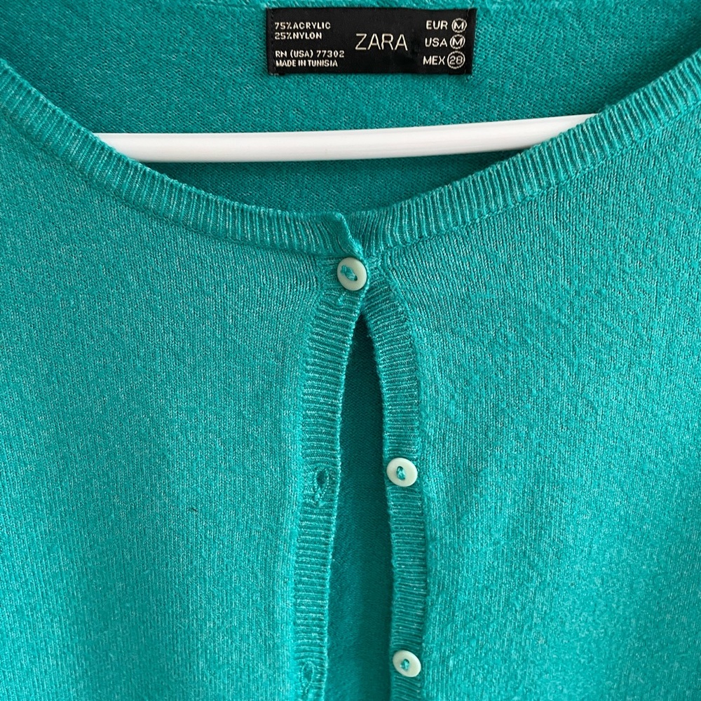 TEAL CARDIGAN SWEATER BUTTON FRONT ZARA 3/4 SLEEVES - Picture 5 of 8